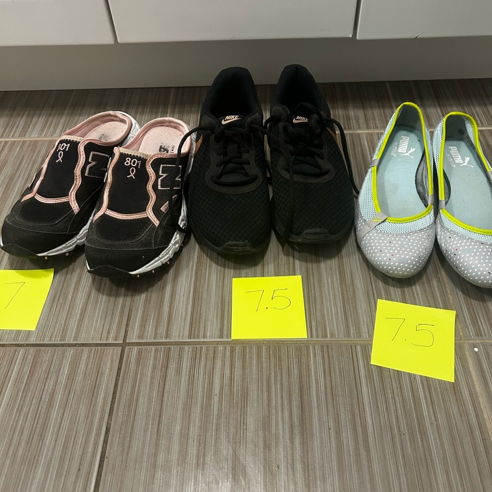 Puma, Nike and New Balance set of three Shoes - Light Blue, black, pinkand Green